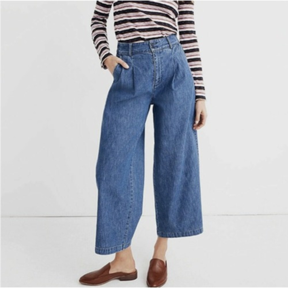 Madewell Wide Leg Jeans Womens 6 Medium Wash Blue High Rise Pleated Ankle Denim
